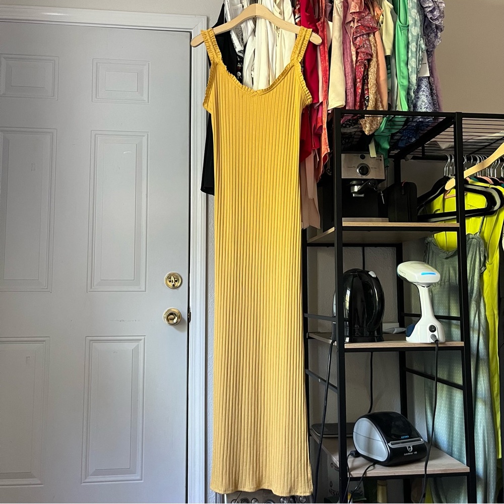 BUMP BIDDY mustard yellow rib knit scoop neck sleeveless midi maxi dress